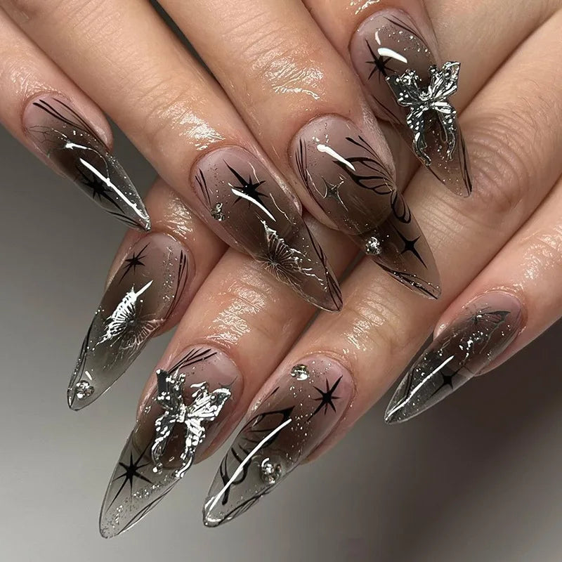 Uñas postizas negras con diseño de murciélago para Halloween, puntas de uñas decoradas con forma de almendra, con remaches y lazos, 24 unidades, uñas acrílicas reutilizables.