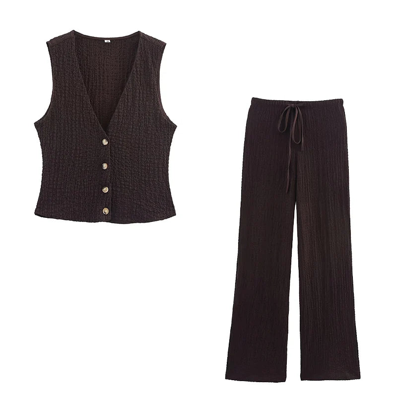 Willshela Women Fashion 2 Piece Set Solid Single Breasted Tank Tops & Vintage HIgh Elastic Waist Pants Female Chic Pants Suit