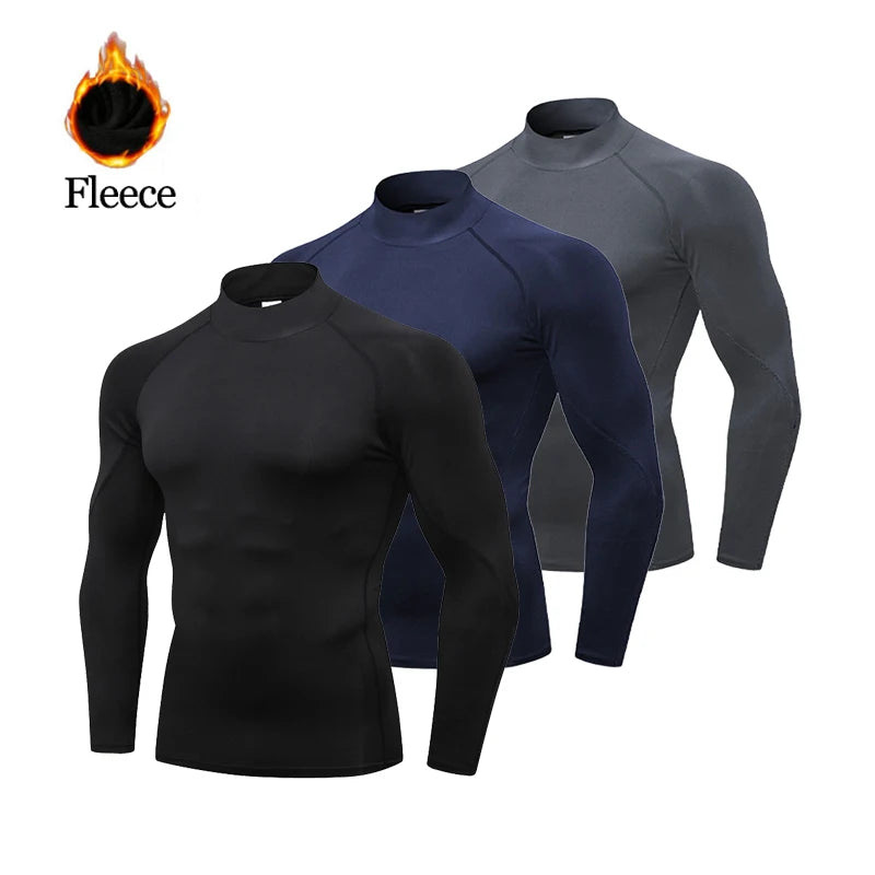 Camisa deportiva de lana de invierno para hombre, camisa de compresión de cuello alto, Top de entrenamiento de manga larga, camiseta interior de alta elasticidad