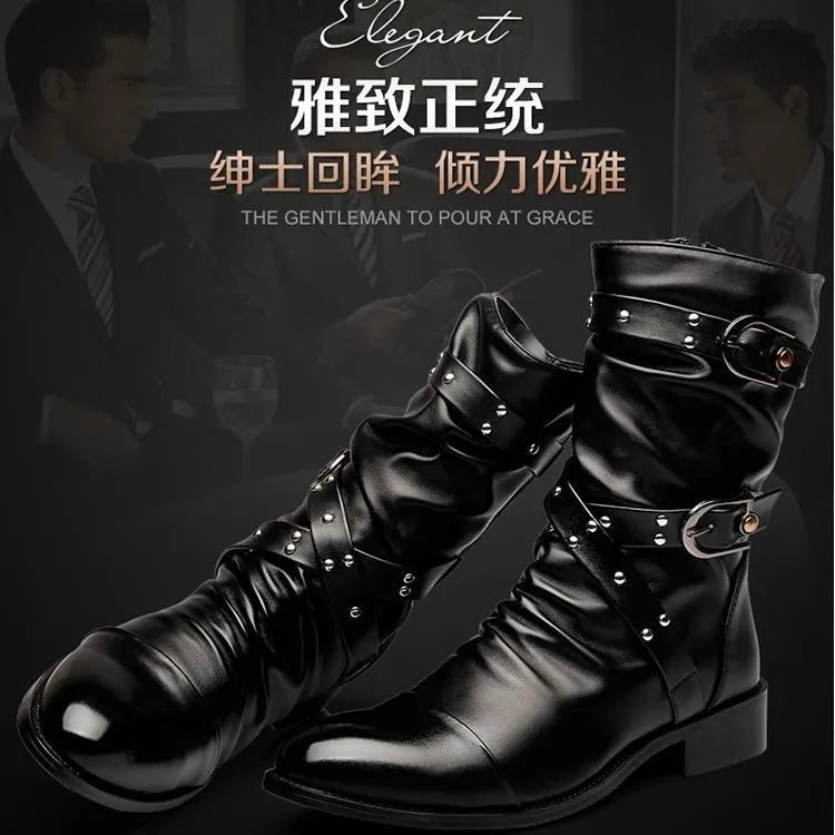 Botas de tubo medio de cuero de alta calidad para hombre, zapatos clásicos de moda para Otoño e Invierno, zapatos Punk Rock negros, informales para hombre y mujer de talla grande 38-48