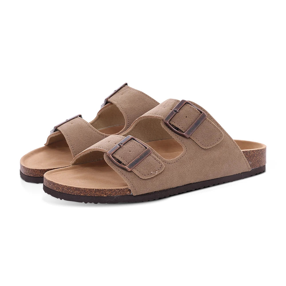 Comwarm Zapatillas tipo zuecos de ante para mujer, mulas de cuero, zapatillas planas clásicas de corcho para hombre, sandalias con reposapiés de corcho para exteriores con soporte para arco