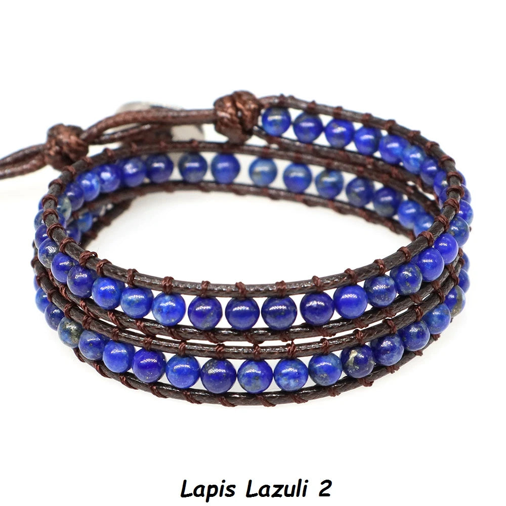 Pulsera de cuentas bohemias de piedra Natural, lapislázuli, 2 hebras, brazalete tejido de cuerda de cuero multicapa para mujeres y hombres, regalo de joyería