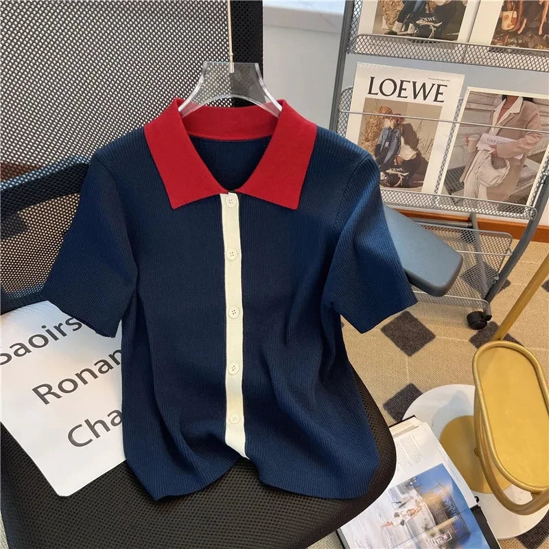 Primavera Verano 2025 diseño Sense Polo cuello mujer camiseta Casual cómoda Color contrastante Be All-match señoras Top de punto
