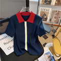 Primavera Verano 2025 diseño Sense Polo cuello mujer camiseta Casual cómoda Color contrastante Be All-match señoras Top de punto