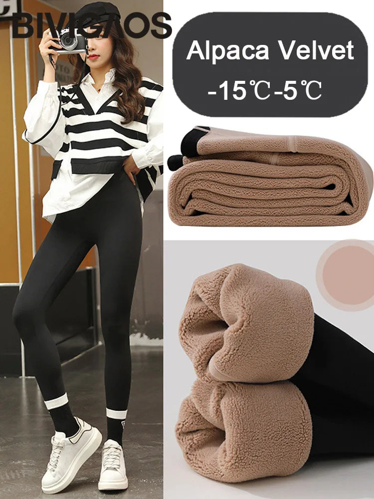 BIVIGAOS-mallas gruesas de terciopelo de Alpaca para mujer, mallas de tiburón negro, cintura alta, ajustadas, sin costuras, cálidas, para otoño e invierno