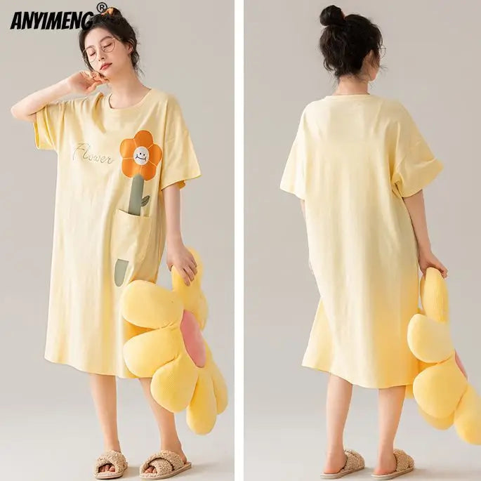 100% ALGODÓN! Camisón de verano para mujer de talla grande M-4XL, nuevo camisón antibacteriano HQ, camisón de manga corta, vestido informal