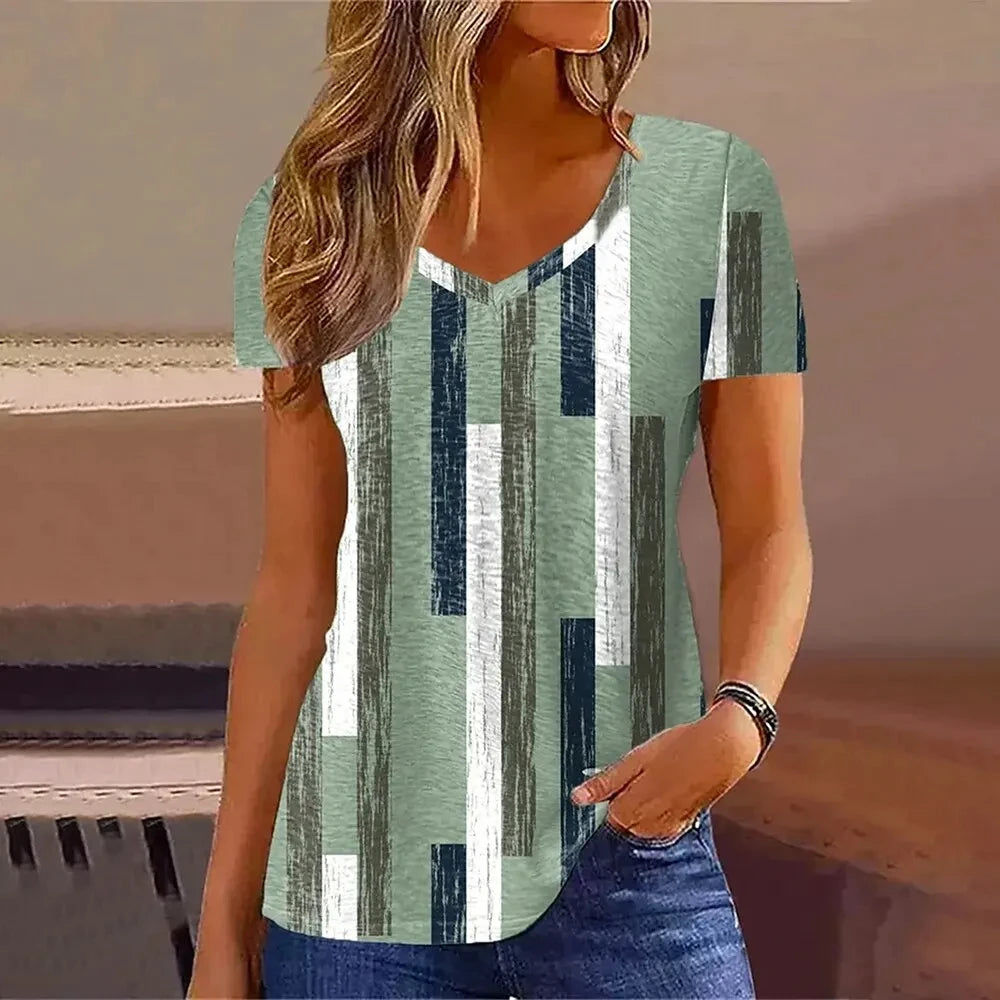 Camiseta con cuello en V para mujer, camiseta de manga corta con estampado 3D, camiseta informal holgada en blanco y negro, ropa de calle a la moda, jersey para mujer