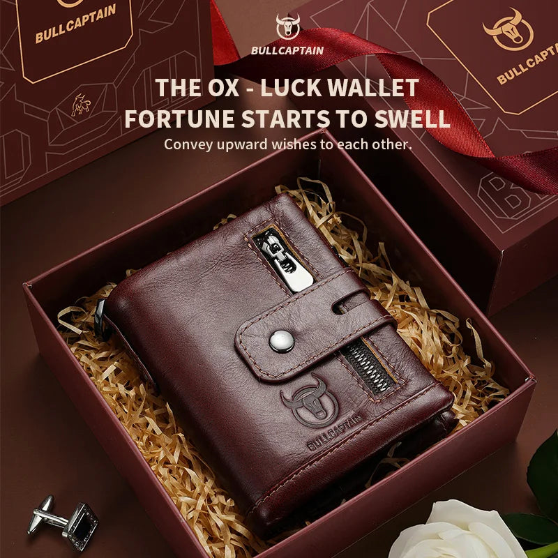 Cartera Bullcaptain de cuero genuino para hombre, monedero de viaje de calidad a la moda, protección Rfid, tarjetero Wollst para hombre con cadena
