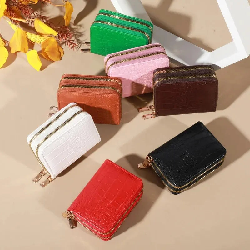 Cartera elegante para mujer con múltiples tarjetas: bolso de mano seguro con doble cremallera |   Monedero casual de cuero PU con bolso de tarjeta de cocodrilo de almacenamiento de estilo