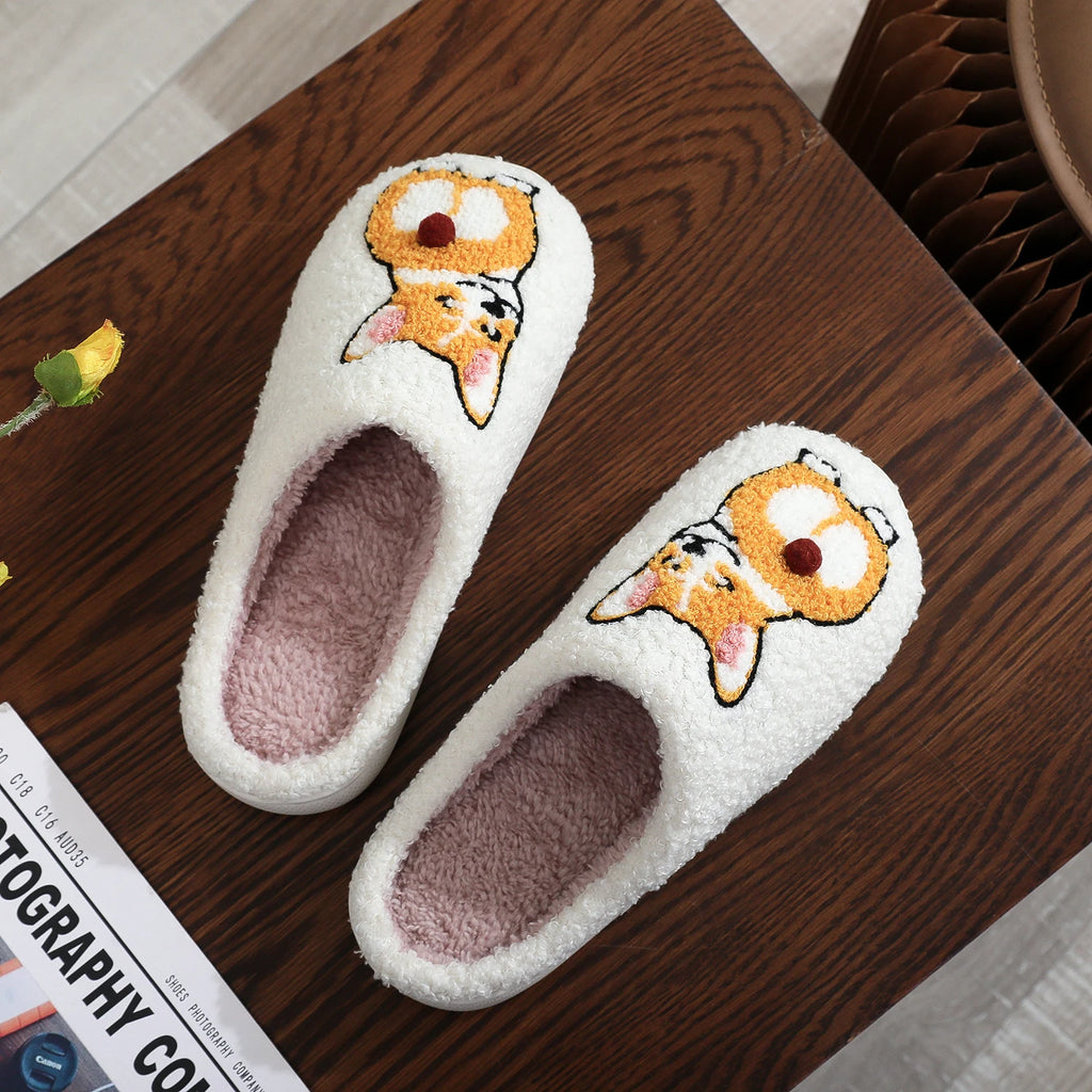 Pantuflas de algodón afelpadas y cómodas con suela gruesa, bordadas con patrón de perro Corgi, cálidas, antideslizantes, para interiores, regalo para amantes de los perros, unisex