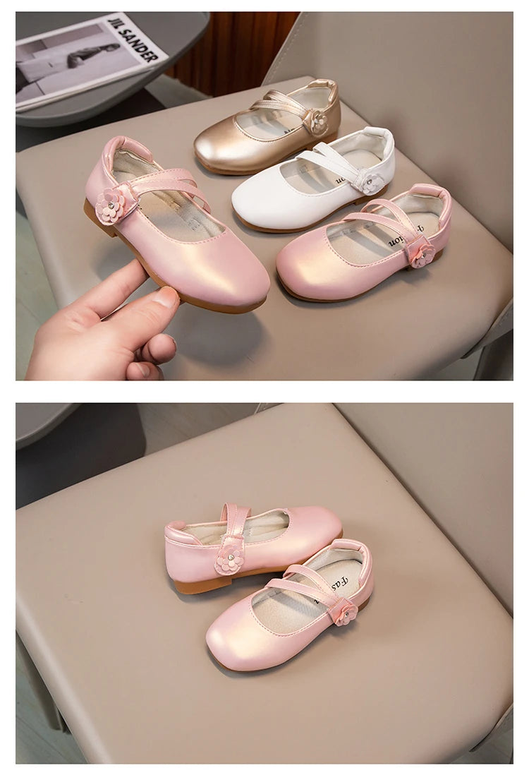 Zapatos de princesa para niñas, zapatos de cuero para niñas medianas y grandes, zapatos planos informales con flores florales para espectáculo de cumpleaños y bodas