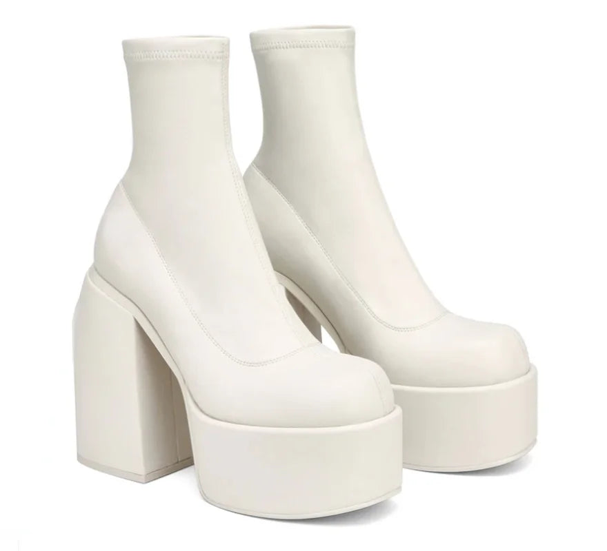Botas modernas con tacones de plataforma para mujer, botas de cuero con punta redonda, tacones gruesos, zapatos de tacón de bloque de diseñador con cremallera, zapatos informales a la moda para chicas