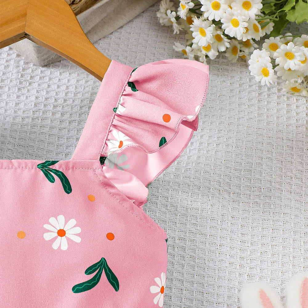 Vestido de verano para niña con estampado de plantas y mangas con mosca pequeña