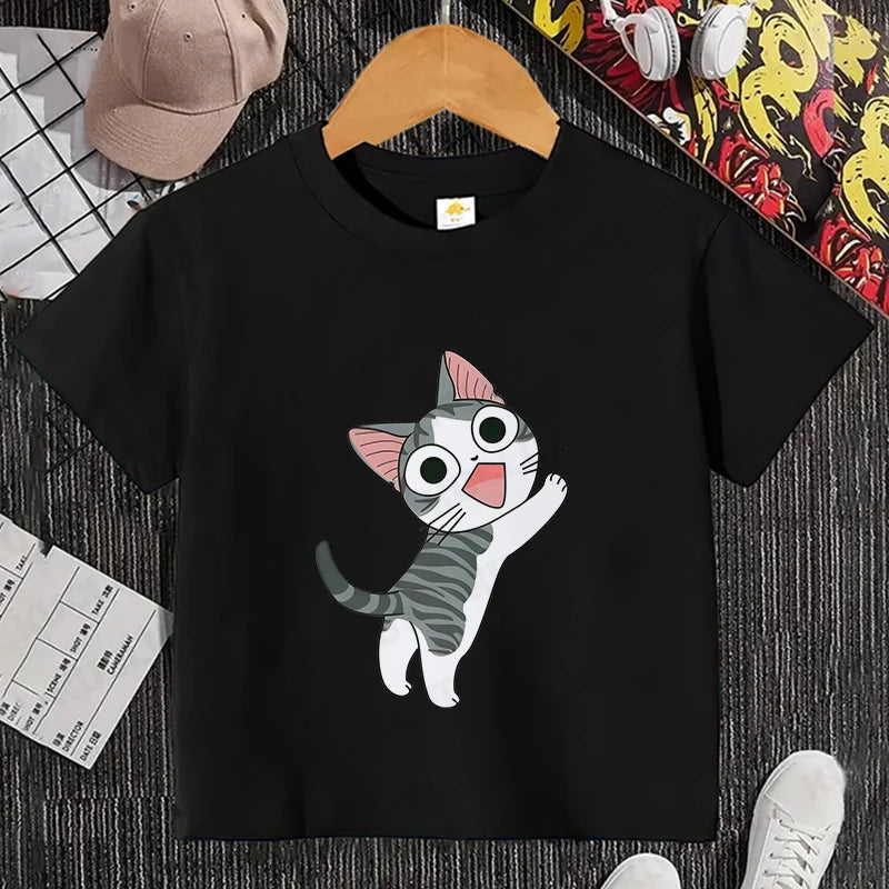 Camiseta con estampado de gato para niños y niñas, camiseta de dibujos animados, camiseta informal de manga corta, ropa cómoda y divertida para verano