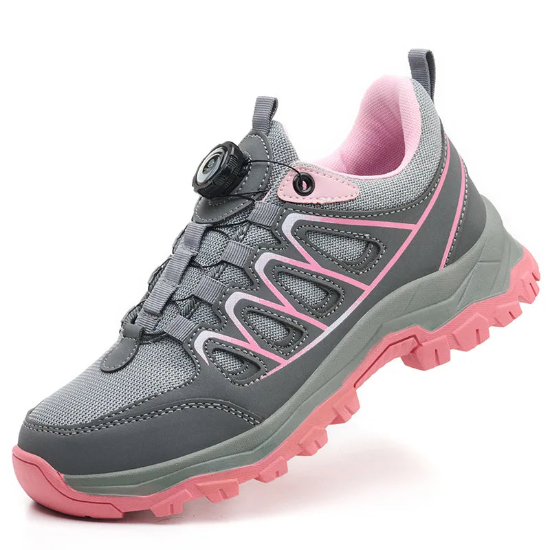 Zapatos de seguridad para el trabajo para mujer, zapatillas de trabajo con punta de acero, botón giratorio, transpirables, antideslizantes, protección a prueba de pinchazos, botas de seguridad rosas