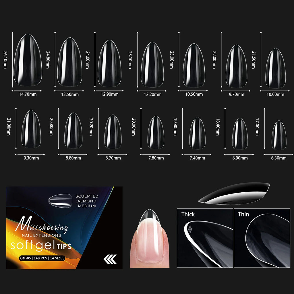 120/140 Uds. Puntas de uñas postizas de aguja de almendra extensión de uñas postizas suaves y transparentes para el hogar DIY salón de uñas manicura prensa en las uñas