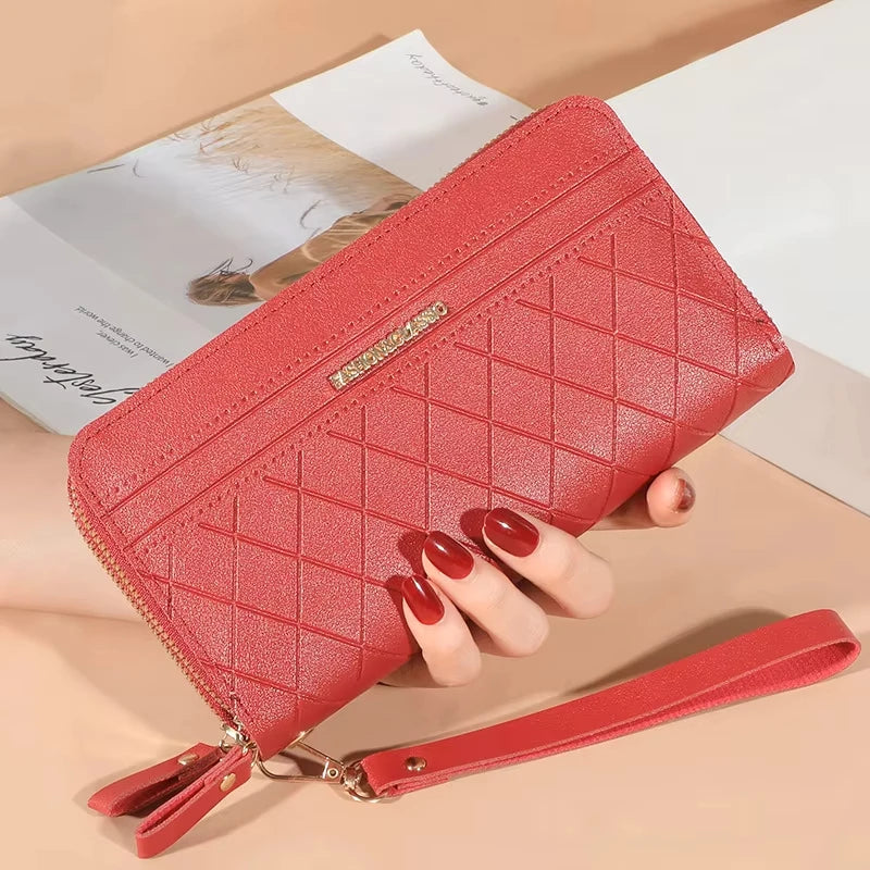 Cartera larga para mujer, monederos con borlas, tarjetero, billeteras con doble cremallera, bolso de mano de cuero Pu, bolso de lujo para dinero y teléfono