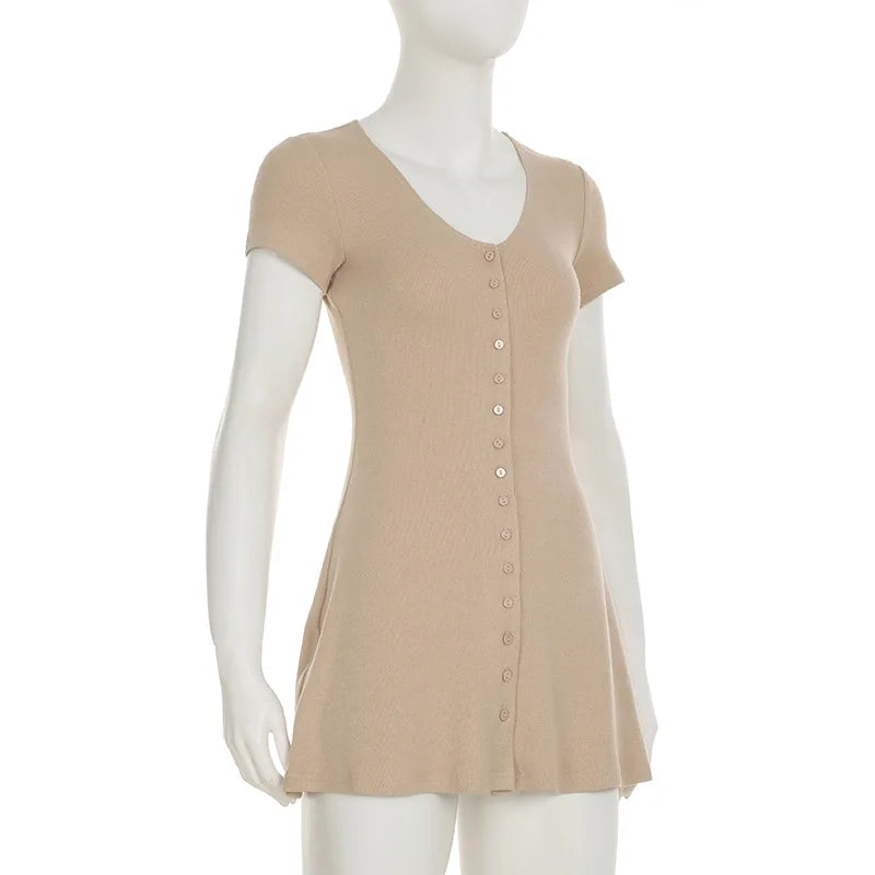 Novedad de verano, minivestido elegante de punto sin tirantes para mujer, vestidos de manga corta con cuello en V y botones, ropa de calle para mujer Ne