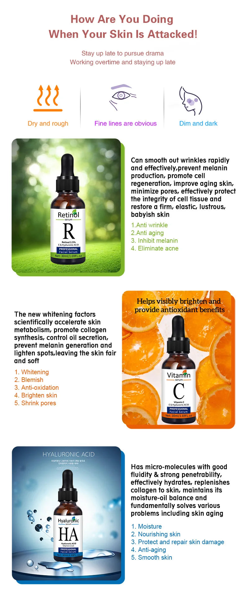Sueros faciales, juego de cuidado de la piel, vitamina C, ácido hialurónico, suero de Retinol para reafirma la cara, suero hidratante iluminador para cara Se