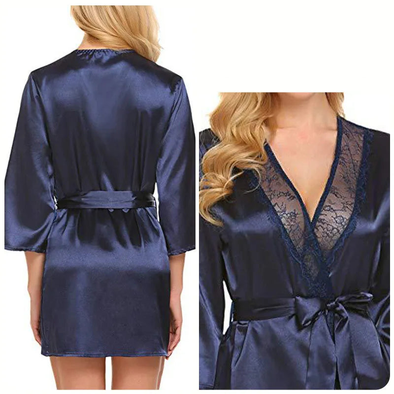 Bata de satén de encaje Sexy para mujer, ropa de dormir, camisón corto, Kimono, albornoz, lencería, camisón, vestido suave y cómodo negro de talla grande