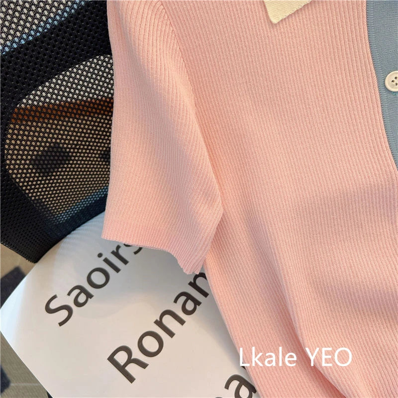 Primavera Verano 2025 diseño Sense Polo cuello mujer camiseta Casual cómoda Color contrastante Be All-match señoras Top de punto