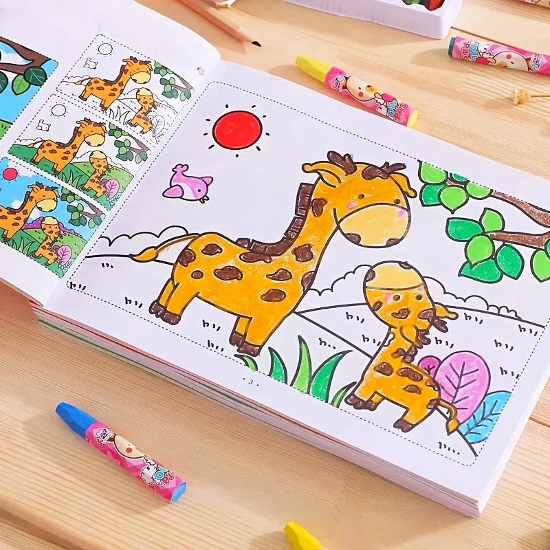Cuaderno de bocetos de aprendizaje con animales de dibujos animados coloridos, 48 páginas, libro creativo para garabatos y colorear, cuaderno de bocetos interactivo temprano y bonito