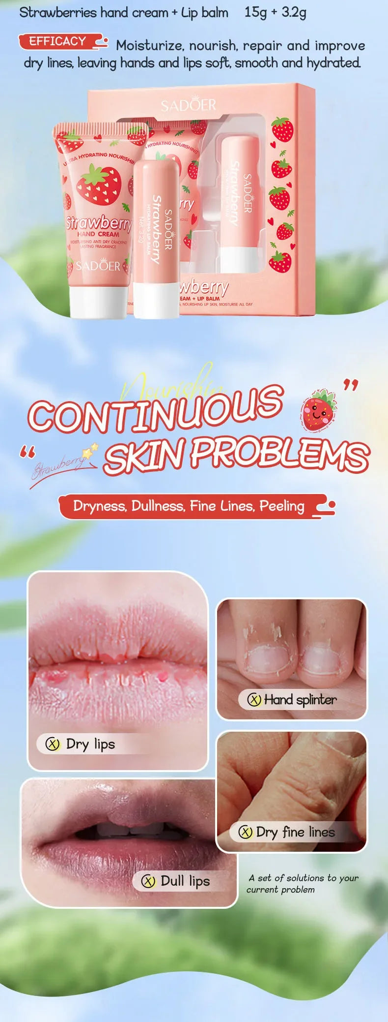 Crema nutritiva de fresa para manos, bálsamo labial, juegos de cuidado de la piel, hidratante, labios regordetes, lápiz labial de frutas, labios regordetes, cuidado de la piel de las manos
