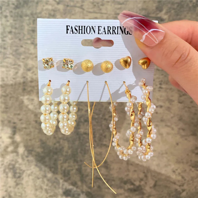 Conjunto de pendientes de aro bohemios de círculo grande para mujer, pendiente de perla Vintage bohemio de Color dorado, pendientes de circonita con forma de corazón, regalos de joyería
