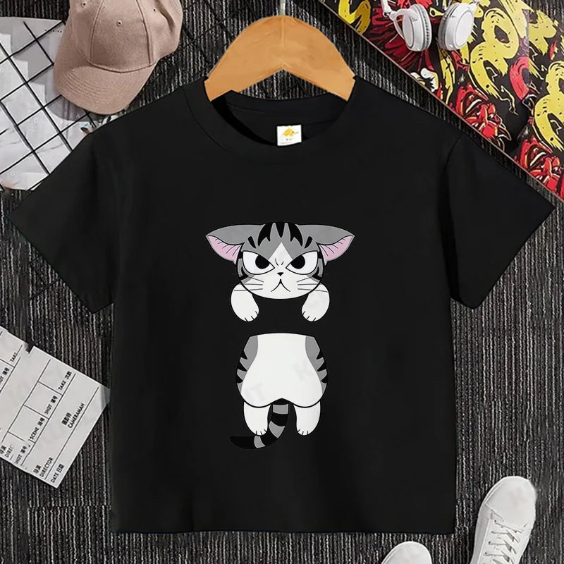 Camiseta con estampado de gato para niños y niñas, camiseta de dibujos animados, camiseta informal de manga corta, ropa cómoda y divertida para verano