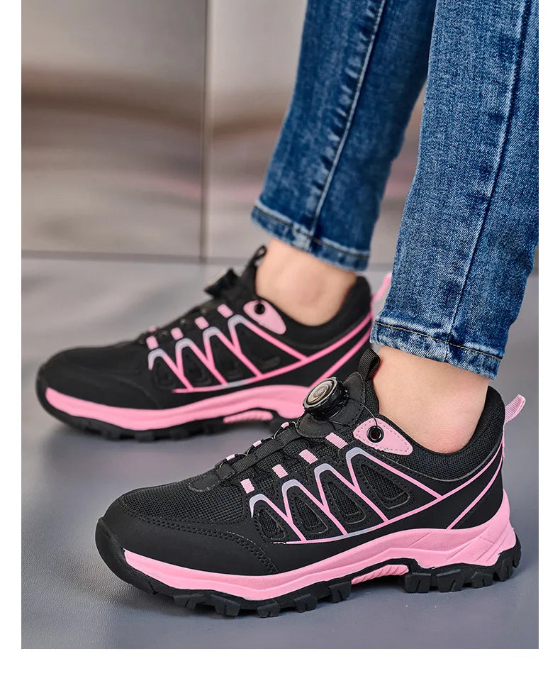 Zapatos de seguridad para el trabajo para mujer, zapatillas de trabajo con punta de acero, botón giratorio, transpirables, antideslizantes, protección a prueba de pinchazos, botas de seguridad rosas
