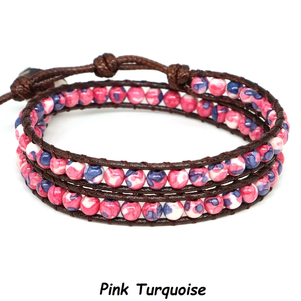 Pulsera de cuentas bohemias de piedra Natural, lapislázuli, 2 hebras, brazalete tejido de cuerda de cuero multicapa para mujeres y hombres, regalo de joyería