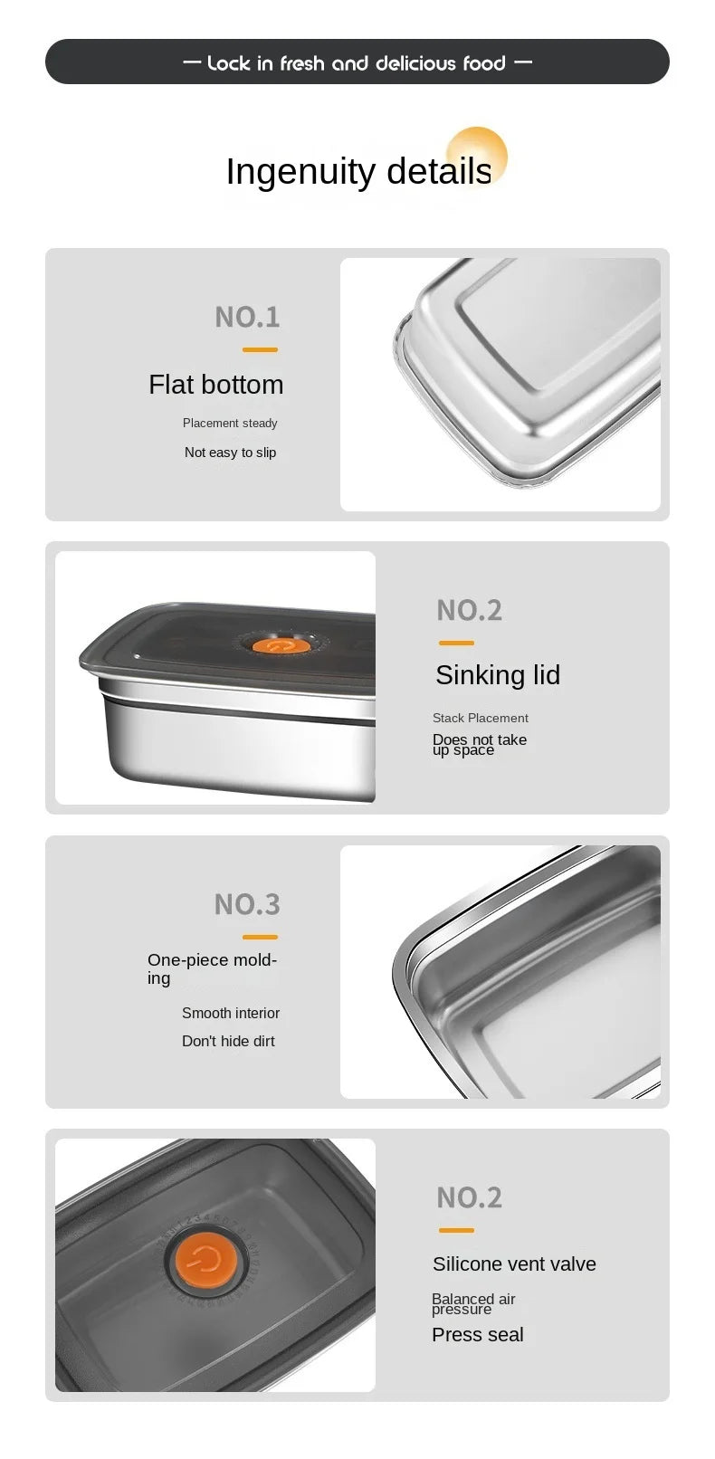 Crisper de acero inoxidable 304, fiambrera, fiambrera sellada a prueba de fugas, caja de almacenamiento para refrigerador y congelador, fiambrera para acampar