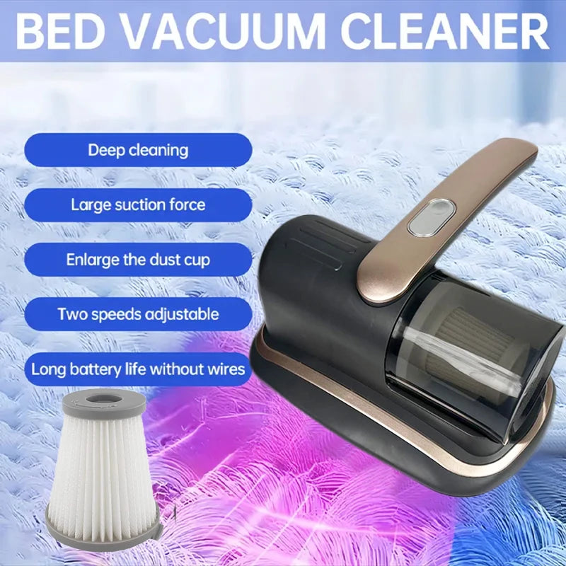 Aspirador de colchón de mano inalámbrico con filtro HEPA de luz UV-C y vibración ultrasónica 12KPa para cama, sofá, asiento de coche y alfombra