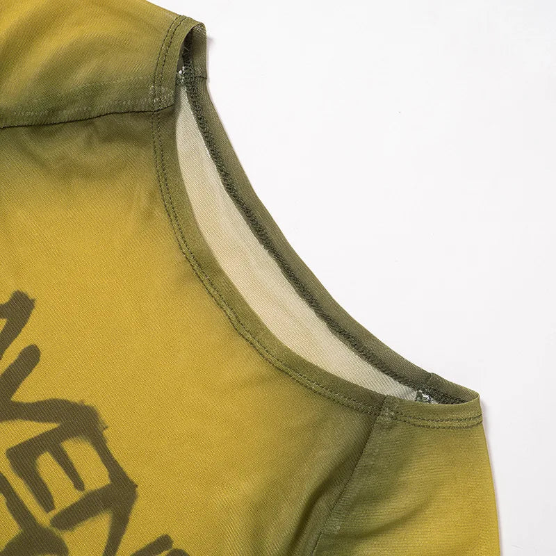 Top con estampado De letras Y2K, camisetas gráficas transparentes para Mujer, Ropa estética De manga corta, Ropa De Mujer ajustada, ropa De calle Sexy