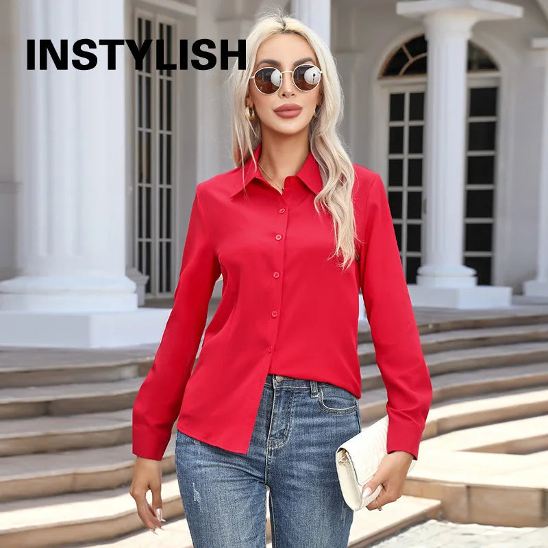 Blusa Elegante de Gasa con Botones para Mujer, Camisa Informal de Manga Larga con Cuello Camisero para Primavera y Verano, Blusa Tipo Túnica para Oficina