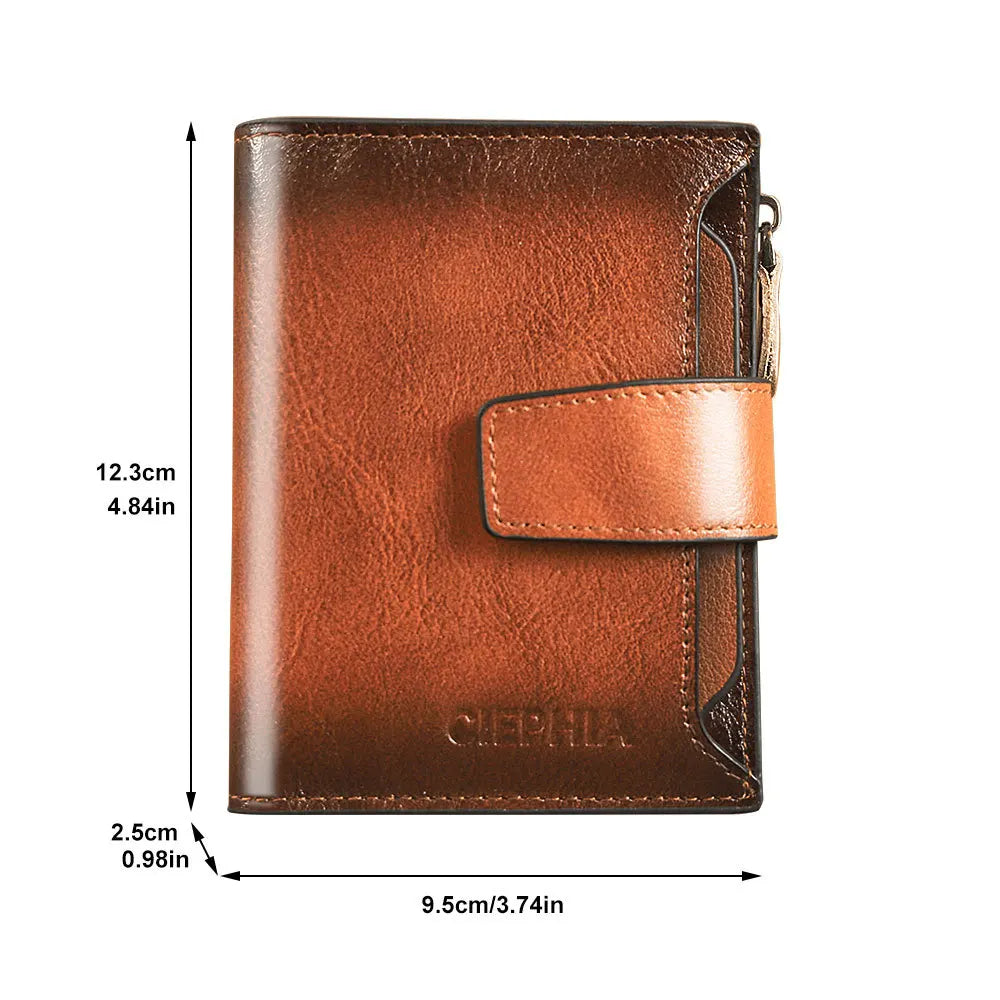CIEPHIA Cartera Retro de cuero genuino para hombre, monedero antirrobo con cremallera, capa superior de piel de vaca, uso diario informal de negocios