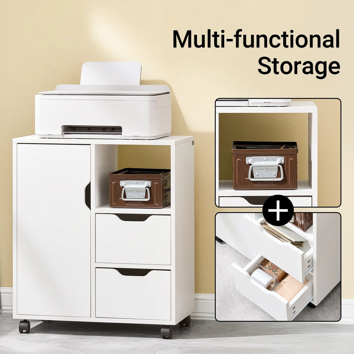 SoBuy FBT105-W mesa impresora con 2 cajones y 1 puerta archivos armario rollo contenedor carrito de oficina carrito lateral contenedor de oficina Blanco