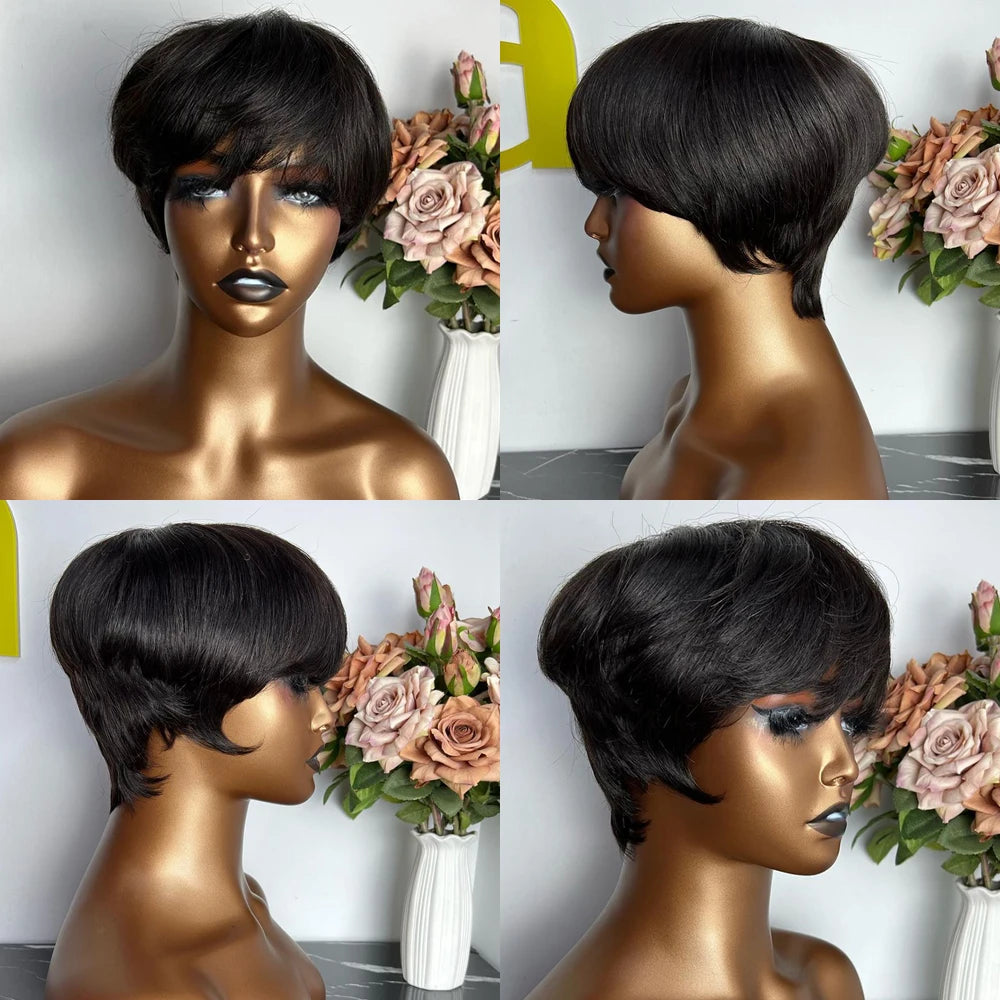 Peluca corta de corte Pixie, cabello humano para mujeres negras, pelucas hechas a máquina con flequillo, peluca corta, pelucas de cabello humano