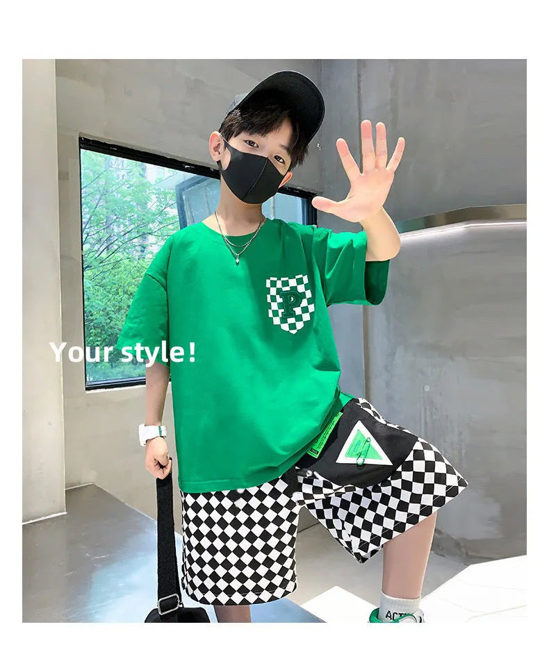 Conjunto de ropa de moda para niños, ropa de verano de manga corta para adolescentes, traje, camiseta con letras, pantalones cortos a cuadros, 2 uds., trajes de ropa de descanso para niños