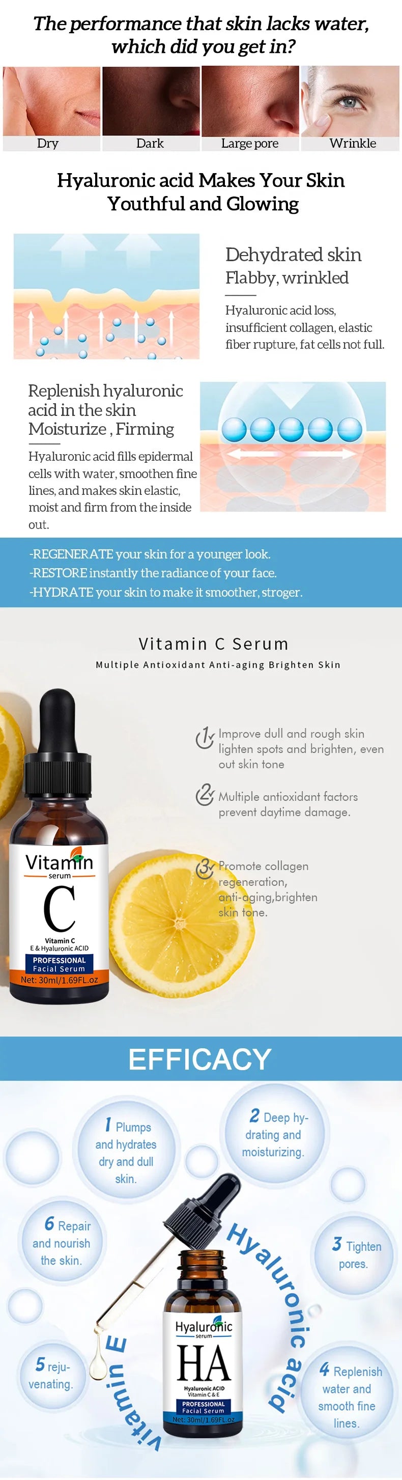 Sueros faciales, juego de cuidado de la piel, vitamina C, ácido hialurónico, suero de Retinol para reafirma la cara, suero hidratante iluminador para cara Se