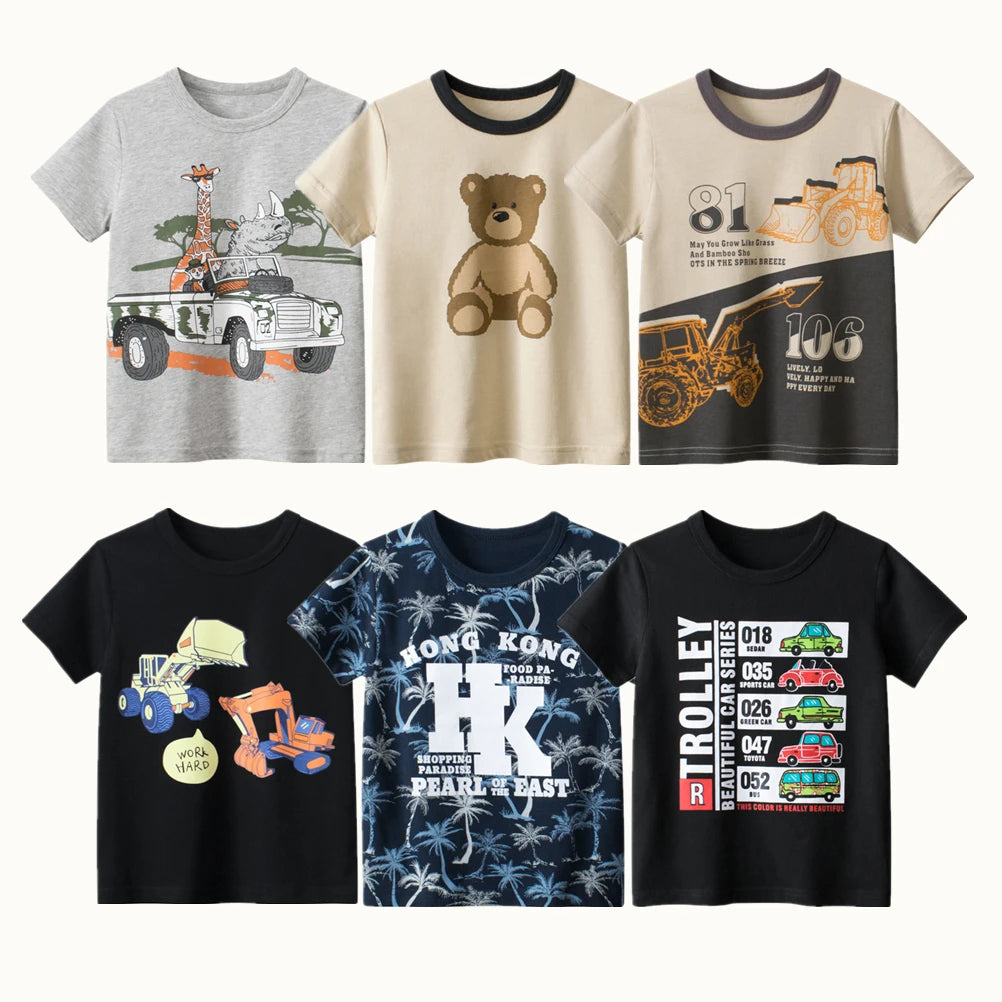 Camisetas cortas de manga corta para niños, 2023 algodón, oso, coche, animales, dibujos animados, Top deportivo informal, 100%