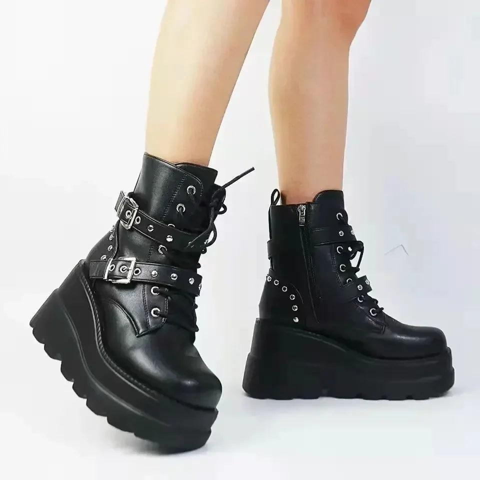 Nuevos botines de cuero Pu para mujer, Otoño Invierno, zapatos con cordones y punta redonda, botas góticas con plataforma para motocicleta para mujer, Cosplay