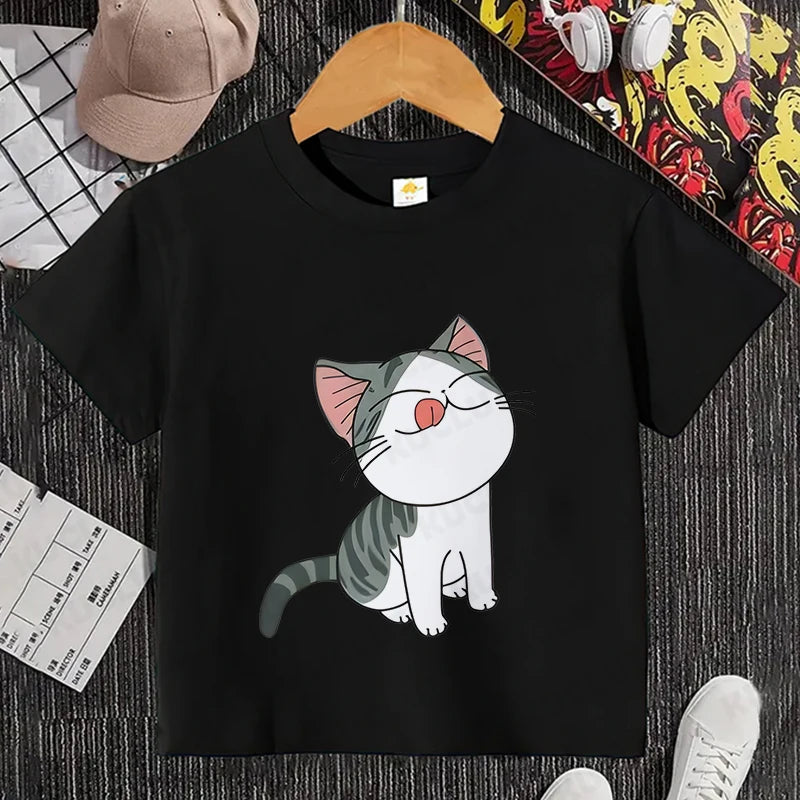 Camiseta con estampado de gato para niños y niñas, camiseta de dibujos animados, camiseta informal de manga corta, ropa cómoda y divertida para verano