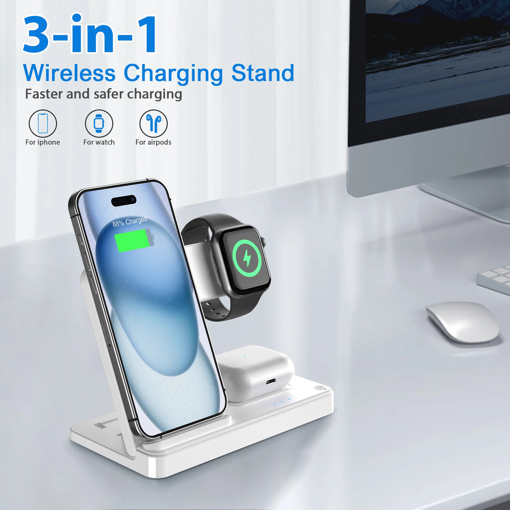 Soporte de cargador inalámbrico magnético 3 en 1, estación de carga rápida de 15W, múltiples dispositivos para iPhone 15 14 13 8 Apple Watch Airpods
