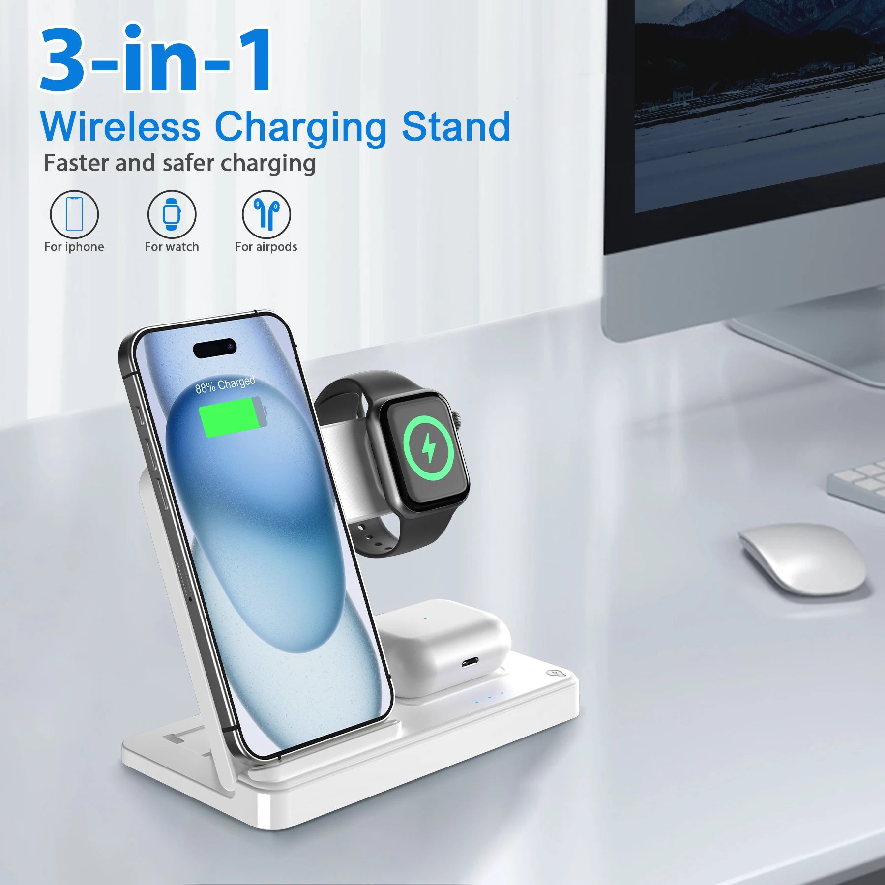 Soporte de cargador inalámbrico magnético 3 en 1, estación de carga rápida de 15W, múltiples dispositivos para iPhone 15 14 13 8 Apple Watch Airpods
