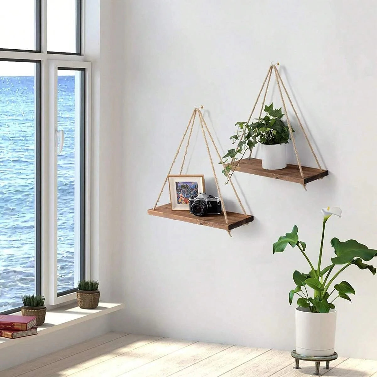 1 Uds. Decoración de pared, estante de almacenamiento para macetas con cuerda para colgar, estante de almacenamiento de madera para colgar en la pared, decoración colgante, decoración del hogar