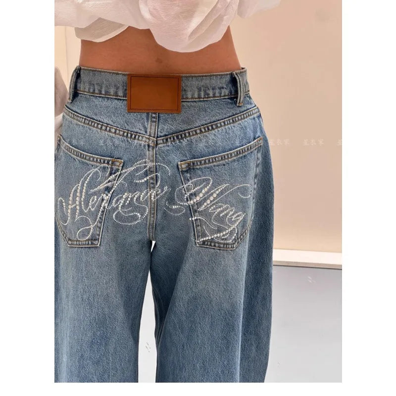 Pantalones vaqueros holgados de pierna ancha para mujer, pantalones informales, diseño Retro Vintage, estilo americano, moda de gran tamaño desgastada elegante