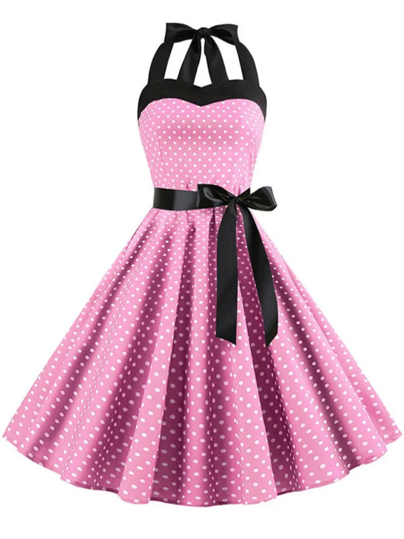 Elegante Vestido de Mujer con Estampado de Puntos, Estilo Hepburn de los Años 50 y 60, Vestido Vintage Sexy con Cuello Halter, Estilo Rockabilly Retro para Fiesta u Oficina, Vestido Pinup 2026