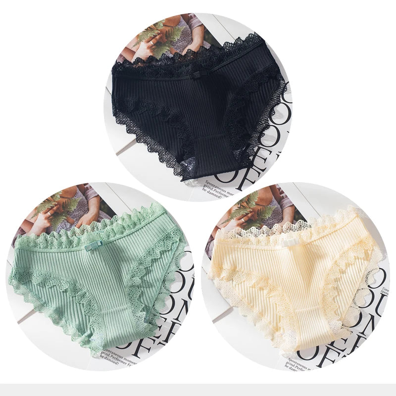 Bragas de algodón para mujer, bragas de encaje sexis, bragas de Color sólido para niñas, juego de ropa interior, ropa interior, Dropshipping 3 unids/lote