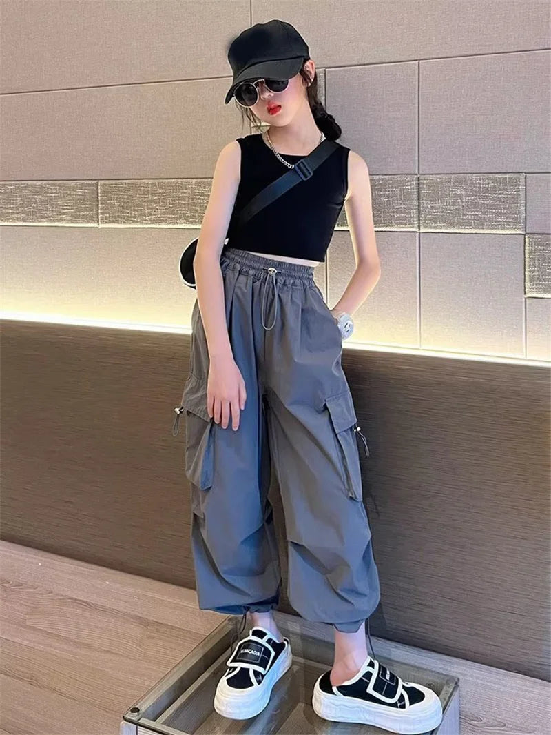 Pantalones Jogger Holgados para Niñas, Pantalones Cargo Casuales Rectos para Adolescentes, Pantalones de Moda para Niños con Bolsillos, Ropa Urbana para Niños Grandes de 5 a 14 Años